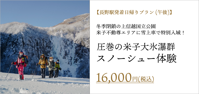 【長野駅発着日帰りプラン（午後）】冬季閉鎖の上信越国立公園 米子不動尊エリアに雪上車で特別入域！ 圧巻の米子大氷瀑群スノーシュー体験