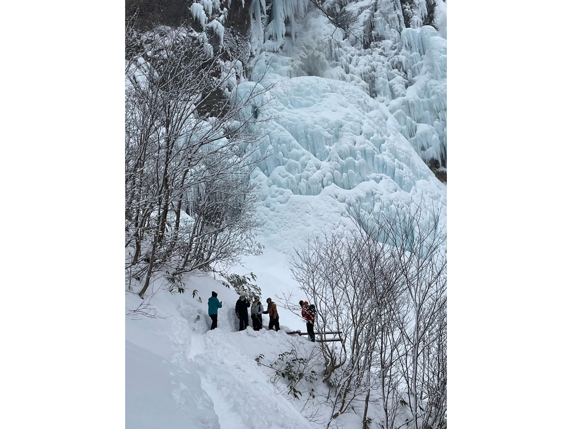 不動滝のすぐそばでガイドの説明を受けるスノーシューハイキングツアーの参加者